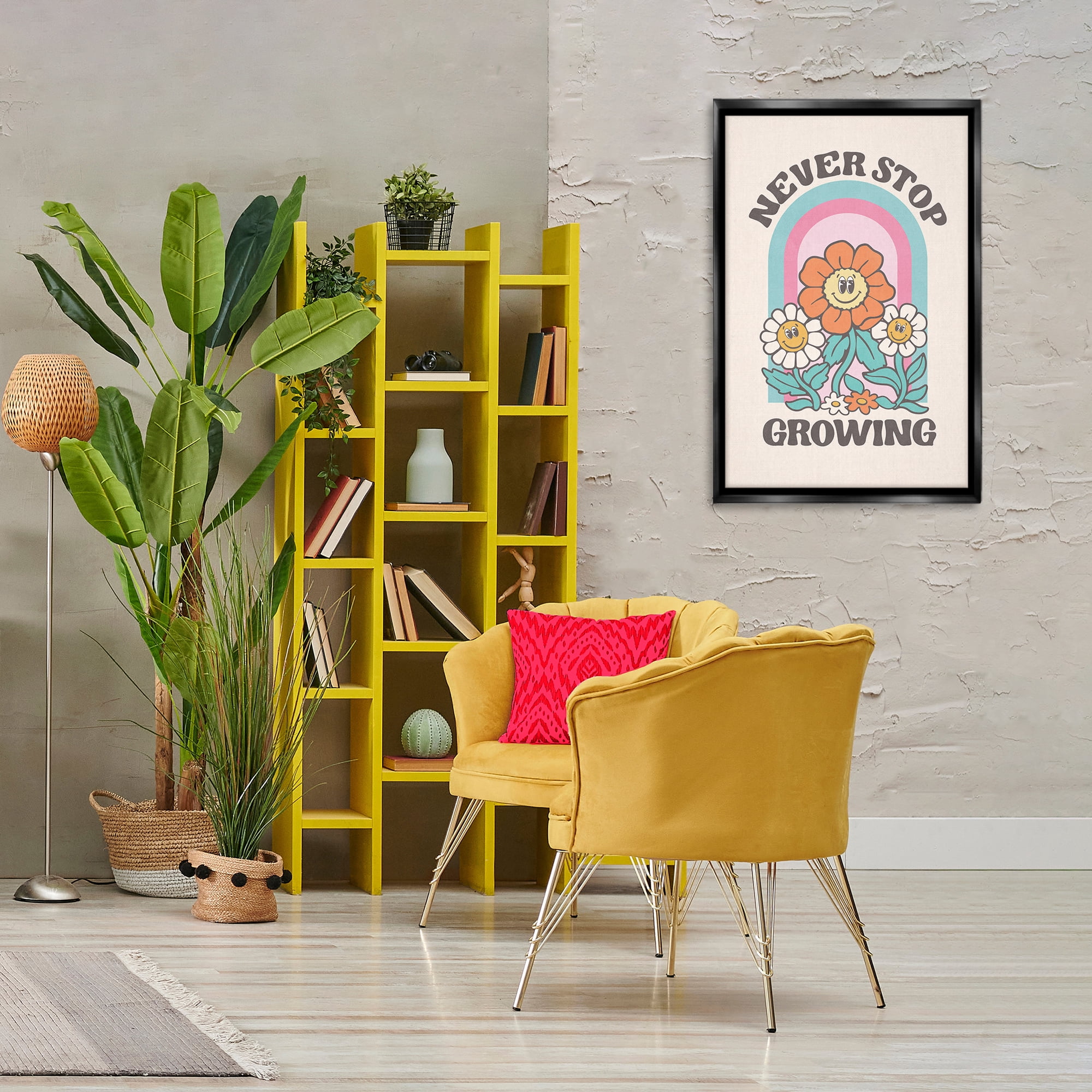 Stupell Industries Retro Never Stop Growing Plants & Flowers Painting Black Floater Framed Canvas Art Print Wall Art, 21 x 31