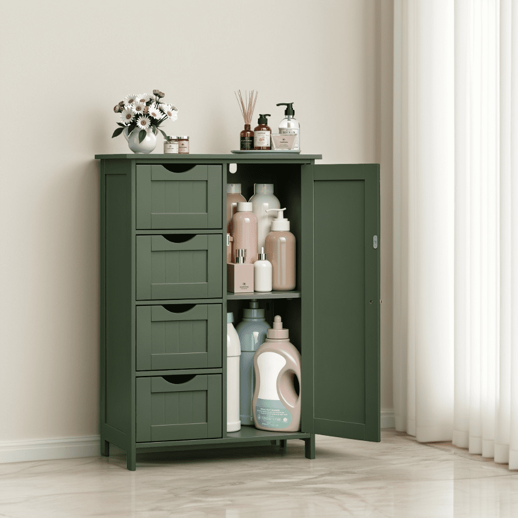 LEDREM Bathroom Floor Cabinet, Wooden Freestanding Side Storage Organizer with 4 Drawers and Adjustable Shelves for Bathroom, Forest Green