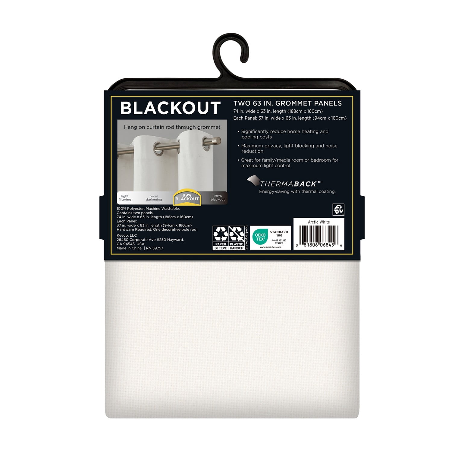(2 pack) Eclipse Corte Solid Blackout Curtains, Set of 2, 63 Inch Long Blackout Curtains, 37" W x 63" L, White