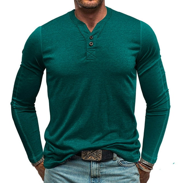 pstuiky Camisas para hombre de manga larga, Suéter deportivo informal de color liso con cuello redondo y botones para hombre, blusa de manga larga con cuello redondo Tops casuales para hombres xxxl