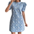 thumbnail image 3 of Lovzfmll Women's Sundress, Crew Neck Short Sleeve with Puff Sleeve & Texture, Casual Vacation Mini Dress Blue, S, 3 of 7