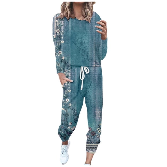 LINGLANG Fall Outfits For Women 2025 Dressy Casual Printed Round Neck Casual Loose Long Sleeve Top Pants Set Casual Sweatsuit Lounge Set Matching Sets