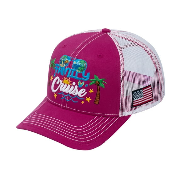 Unisex Embroidered Family Cruise, Traveling, 6-Panel Trucker Hat, Pink/White, Classic, Adjustable Fit