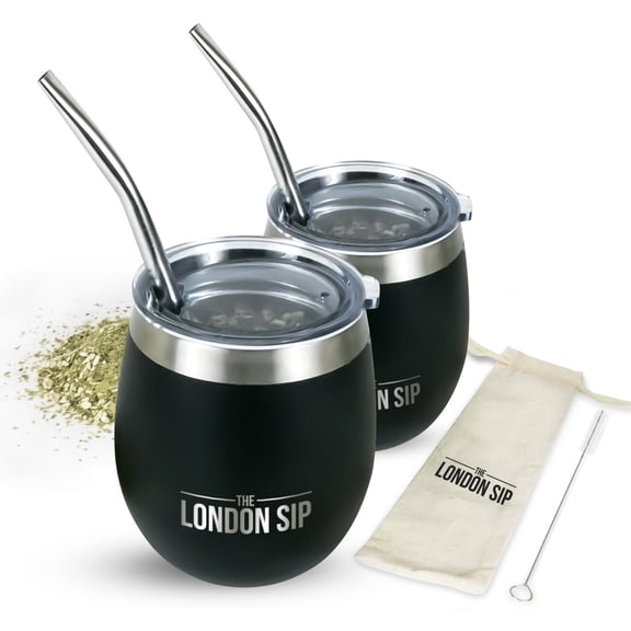London Sip Yerba Mate Cup and Bombilla Set, Includes 2 Gourds (8 oz each), Spill Resistant Lids, Straws, Bombilla Brush and Pouch Included, Black
