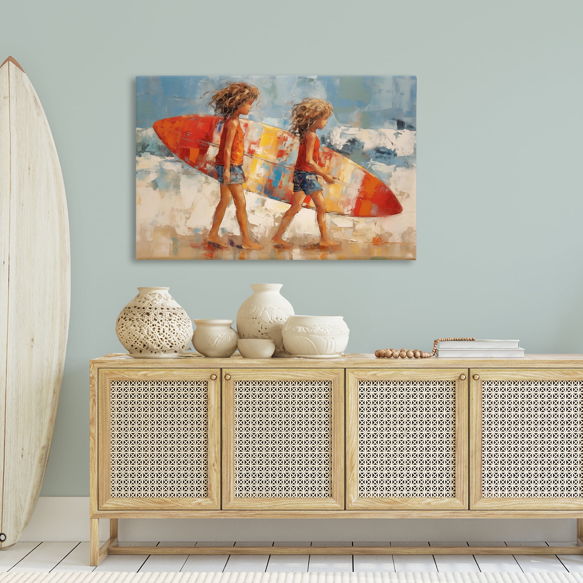 Stupell Industries Kids with Surfboard Sports Painting Gallery Wrapped Canvas Art Print Wall Art, 45 x 30