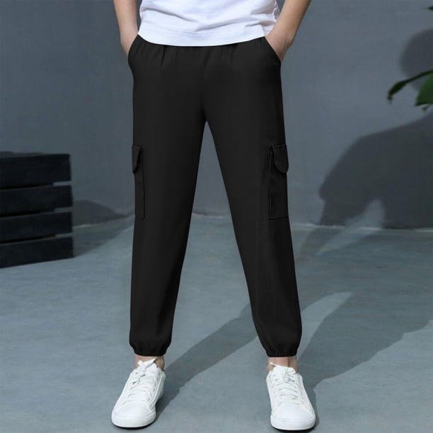 Pantalones largos para niño grande, pantalones multibolsillos, pantalones deportivos hasta el tobillo de color liso para niño, pantalones con cintura elástica, pantalones de algodón para niño