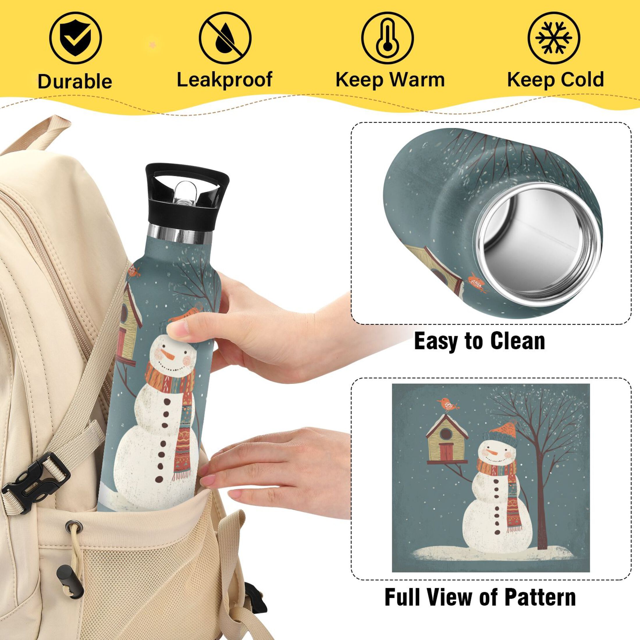 600ML Stainless Steel Insulated Cup Sports Water Bottle Portable Thermos Cup Water Glasses Insulated Tumblers Convenient and Durable Cartoon Christmas Snowmen and Bird