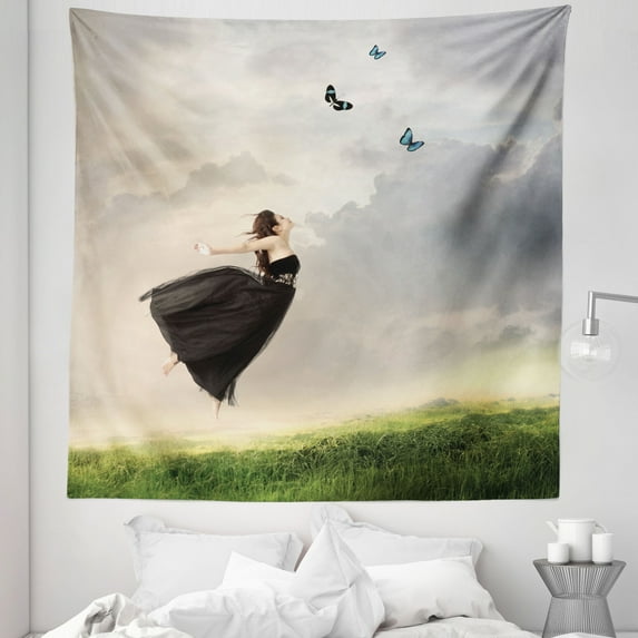 Butterfly Tapestry, Poetry Bleak Weather Day Tulle Dress Jumping Girl with Butterflies, Fabric Wall Hanging Decor for Bedroom Living Room Dorm, 5 Sizes, Olive Green Pale Grey, by Ambesonne