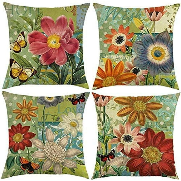 layhut Spring Throw Pillow Covers 18x18 Set of 4 Decorative Outdoor Sunflower Pillow Case, Green Flower Sofa Couch Patio Cushion Case, Floral Cushion Covers for Holiday Home Seasonal Spring Decor