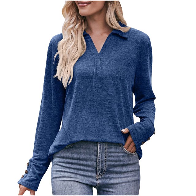 Pompotops Mode Femme Solide Décontracté Bouton Manches Longues Col en V Haut Manches Longues en Solde