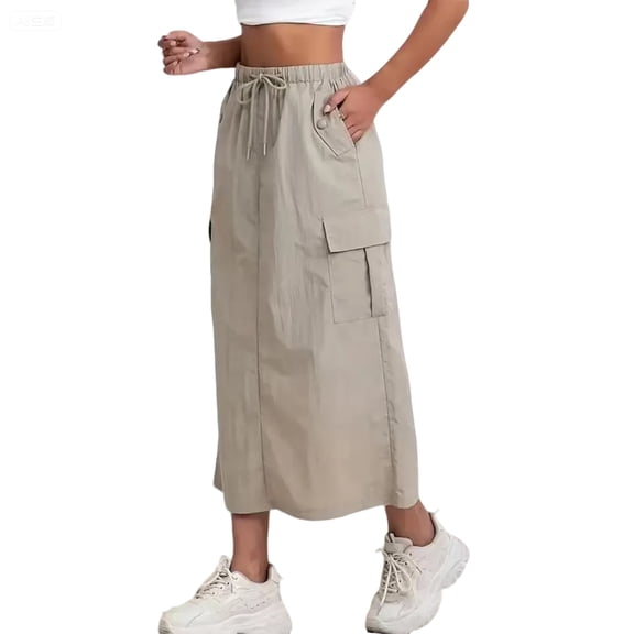 Women’s Casual Loose Fit Cargo Skirt High Waist Drawstring Elastic Waistband Long Skirt with Pockets for Daily Wear Khaki S
