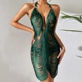 thumbnail image 2 of JSGEK Sexy Babydoll Lingerie Nightgown for Women Halter Neck Deep V Neck Lace Trim Mini Dress Intimate Sleepwear Nightwear Green L, 2 of 6