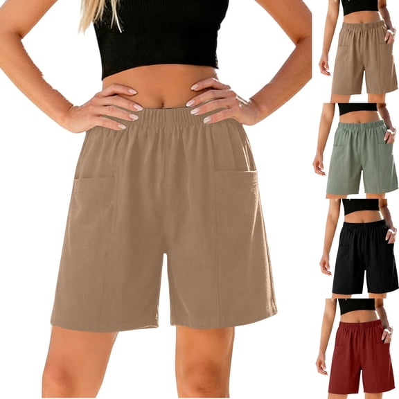 hoksml Women's Elastic Waist Cotton Blend Shorts, Casual Pull-On Knee Length Shorts, Loose Fit Everyday Shorts with Pockets