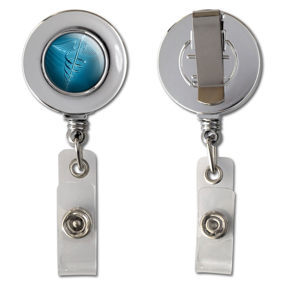 Medical Caduceus Symbol EMT RN MD Retractable Reel Chrome Badge ID