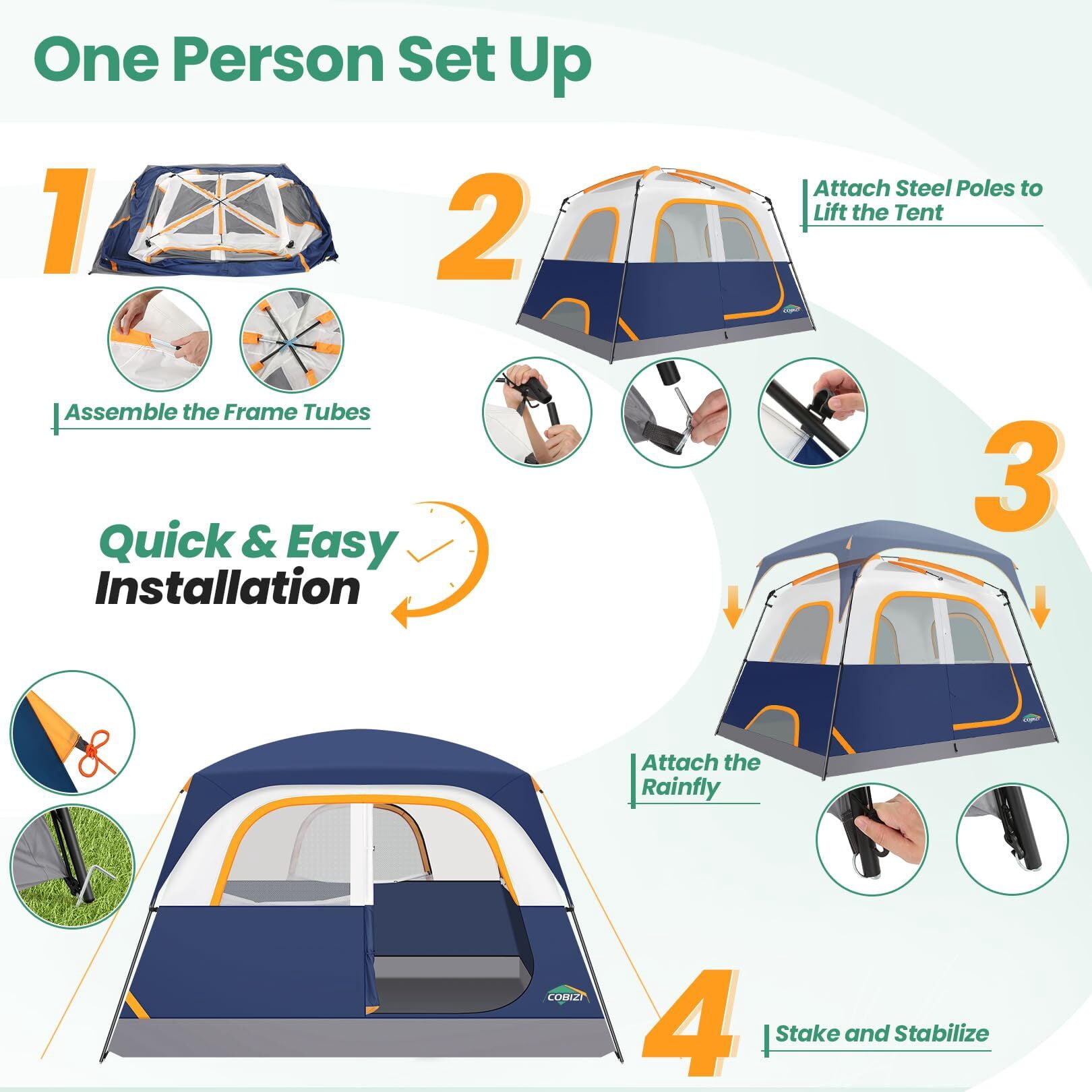 COBIZI Tents for Camping 4/6 Person Camping Tent with Rainfly and Screen, Easy Setup Lightweight Portable Waterproof Outdoor Tent with Carry Bag for Backpacking, Hiking, Family Travel