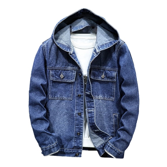 VNKIDY Men's Coat Autumn Winter Solid Color Denim Hooded Jacket With Button Front Long Sleeve Casual Timeless Style Layered Coat For Casual Daily Activities Stylish Outerwear