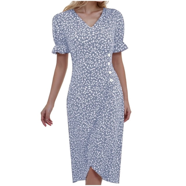 XDZJLR Robes pour Femmes Imprimé Midi avec Manches Bouffantes et Ourlet Robe Col en V