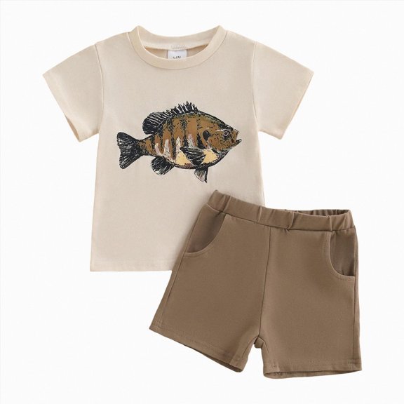 Boys Outfits Fish Print Short Sleeve Toddler Baby Boy Summer Clothes Round Neck T Shirt Side Pocket Shorts Set Infant Khaki 12-18 Months