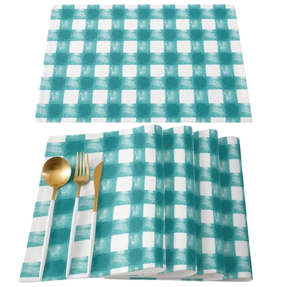 Turquoise Buffalo Check Placemats Set of 6, Farmhouse Modern Teal Plaid Placemats for Dining Table, Place Mats for Kitchen Tabletop, Waterproof Wipeable Dining Table Mats Set