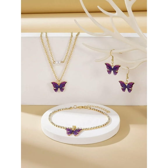 EOEMY 3Pcs/Set Butterfly Pendant Jewelry Set, Including Creative Earrings, Necklace-Default