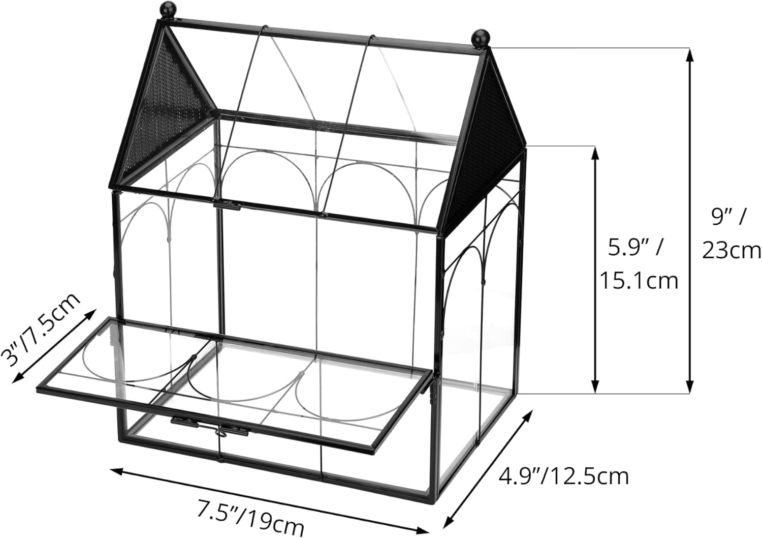 NCYP Glass Enclosure with Vent Holes for Insect, Spiders, Snails - 7.5" x 4.9" x 9", Small Closed Front Opening Door Succulent Terarium - House Shape Habitat, Home Decor Black (No Plants)