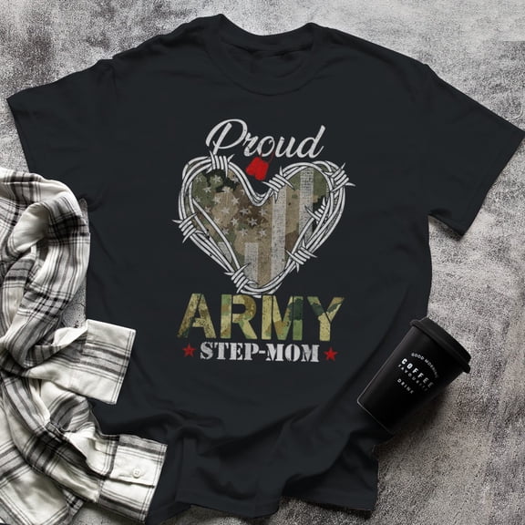 Proud Army Step-Mom With Heart American Flag For Veteran (1), Small, Black