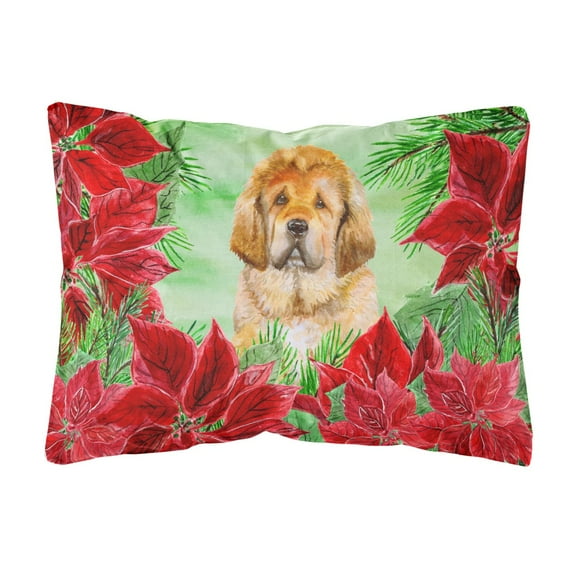 Carolines Treasures CK1368PW1216 Tibetan Mastiff Poinsettas Canvas Fabric Decorative Pillow  12H x16W multicolor