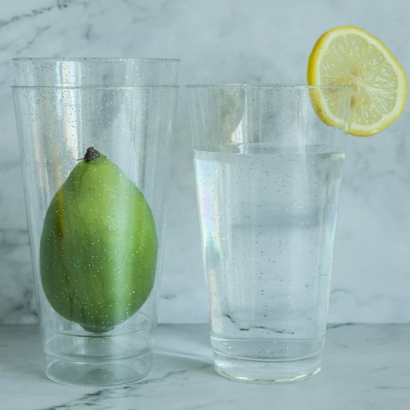 BalsaCircle 12 Clear Silver 16 oz Disposable Glittered Plastic Glasses Buffet Tableware