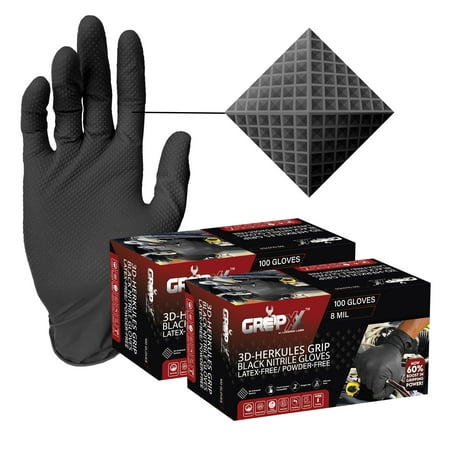 GRIPXX Herkules Grip Heavy Duty 8Mil Black Nitrile Gloves,3D Raised Diamond Texture-Latex & Powder-Free Industrial, Mechanic (200, XX-Large)