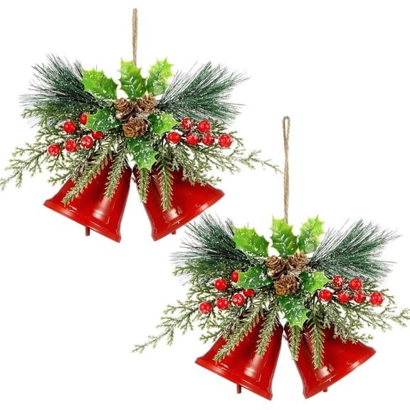 YUSAZENS Set of 2 Glossy Red Christmas Bells Hanging Ornament with Plaid Bow Holly Berries Pine Greenery, Rustic Farmhouse Xmas Decor for Front Door Wall Mantel Holiday Home