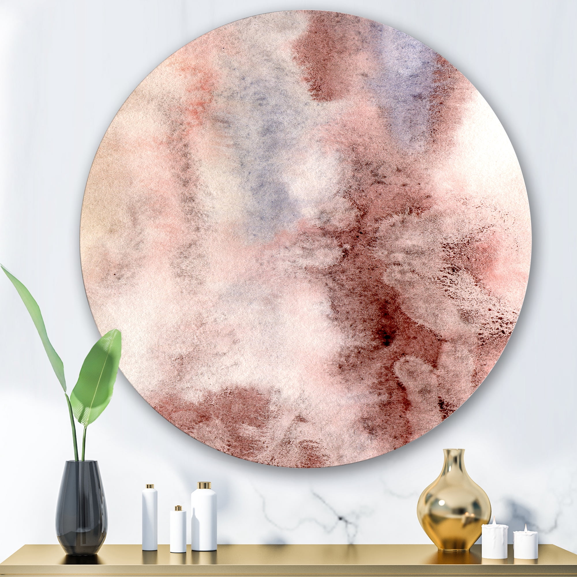 Designart 'Pastel Abstract With Pink Blue and Dark Red Spots' Modern Circle Metal Wall Art 29x29 - Disc of 29