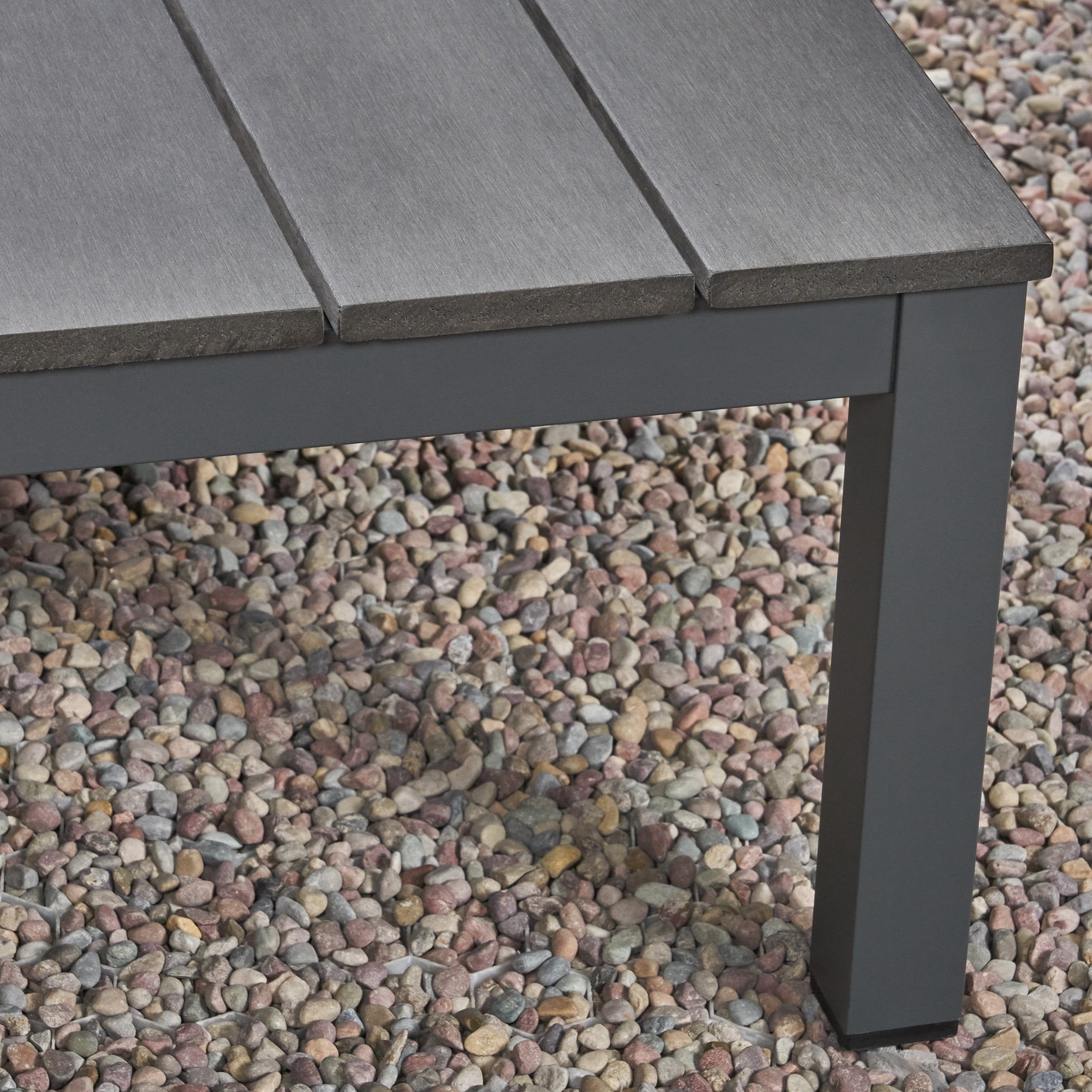 Kenzie Outdoor 4 Piece Aluminum and Wood V-Shaped Sofa Set with Cushions, Gray, Dark Gray