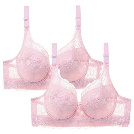 WREESH 2 Pack Lace Bralettes for Women Wireless Plunge Bra Push Up Soft Padded Bras Adjustable Strap Comfortable Everyday Bra Pink