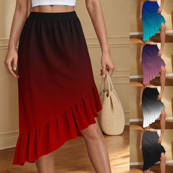 YHAJDS Skirts For Women Trendy Gradient Print Summer Elastic Waist Irregular Hem Long Skirt