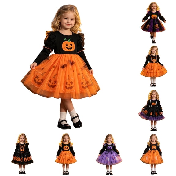 HNMKIU Toddler Girls Halloween Pumpkin Tutu Dress, Long Sleeve Mesh Princess Dress, Kids Bat Print Tulle Outfit for Trick-or-Treat, Party & Cosplay Orange-d - 4-5 Years