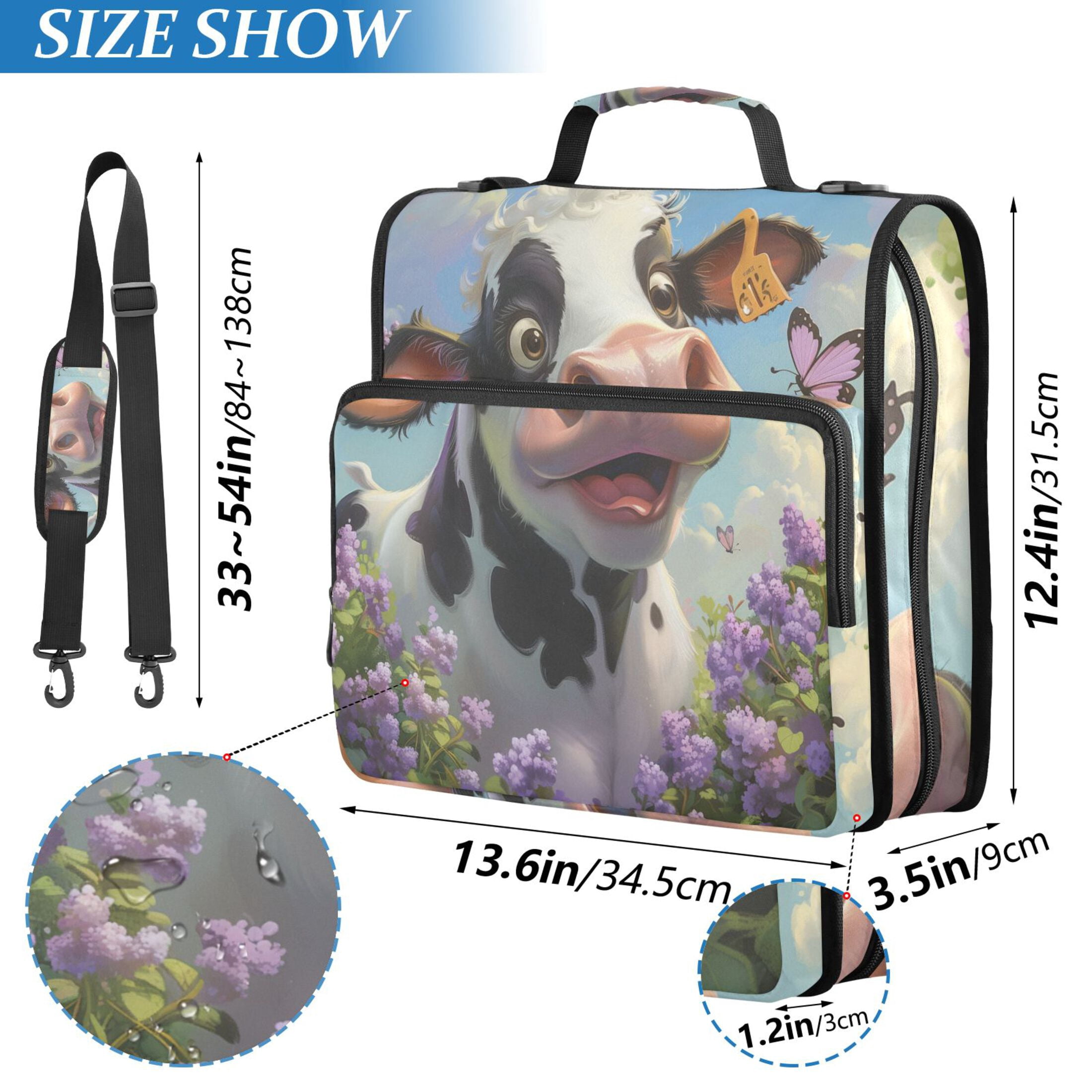 3 Ring Zipper Binder with Shoulder Strap Waterproof Trapper Keeper 2 Inch D-Ring 500 Sheets Capacity Cute Cow with Butterfly