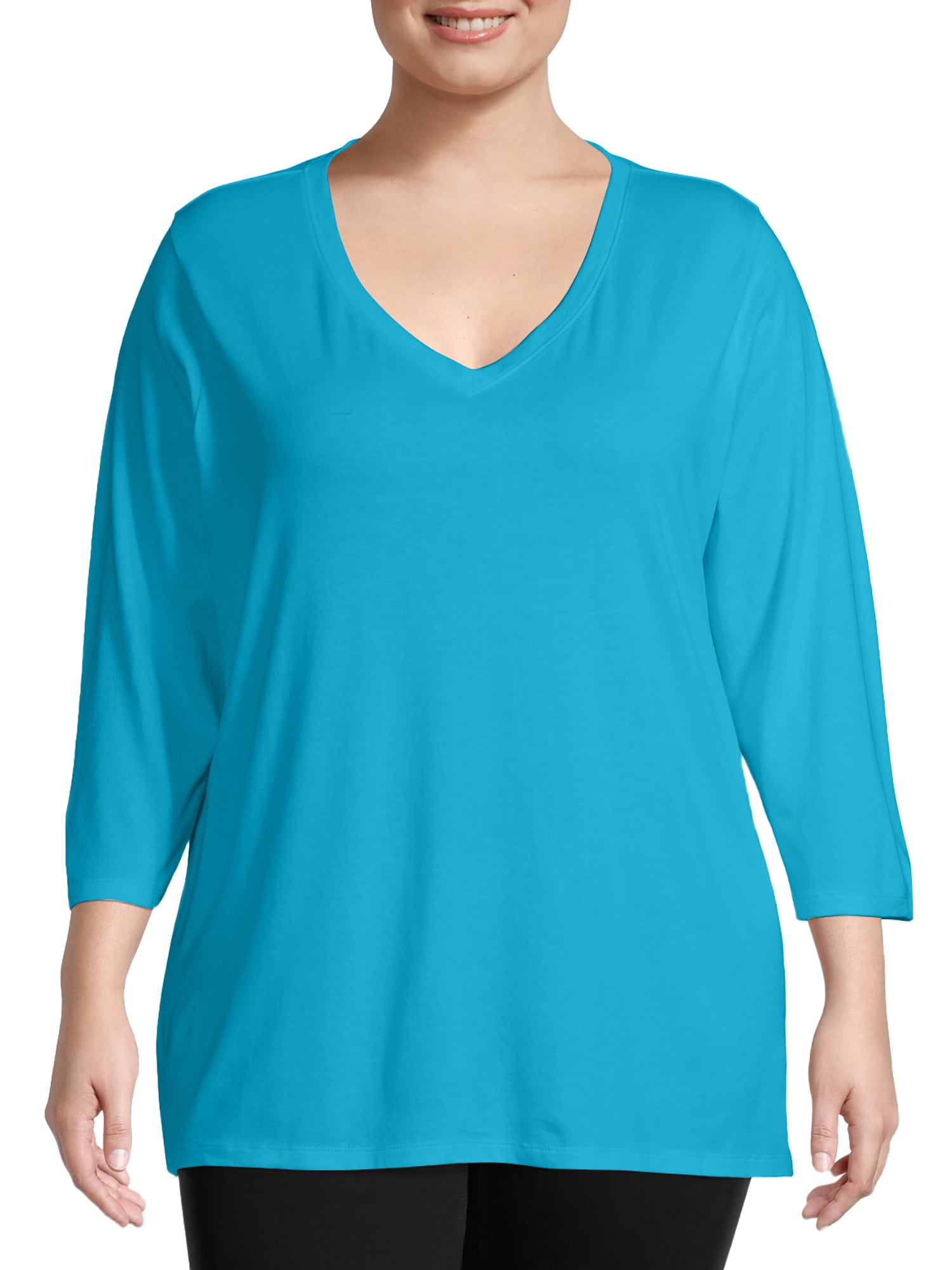 Just My Size Women's Plus Size Quarter Sleeve Flowy VNeck TShirt