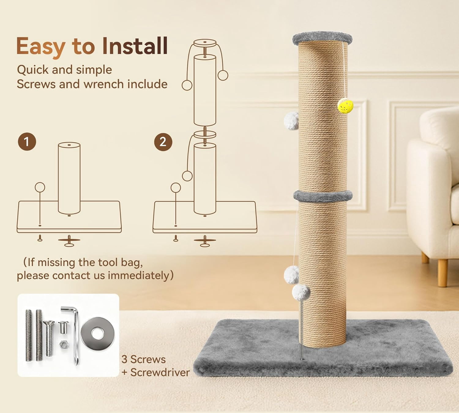 5-Inch Thick Sisal  Scratching Post, 36 Tall  Scratch Tower with Top Platform and -Stable Base,   Scratcher for Indoor Cats, Gray