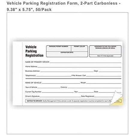Vehicle Parking Registration Form, 2-Part, carbonless, 9.38" x 5.75", 50/Pack