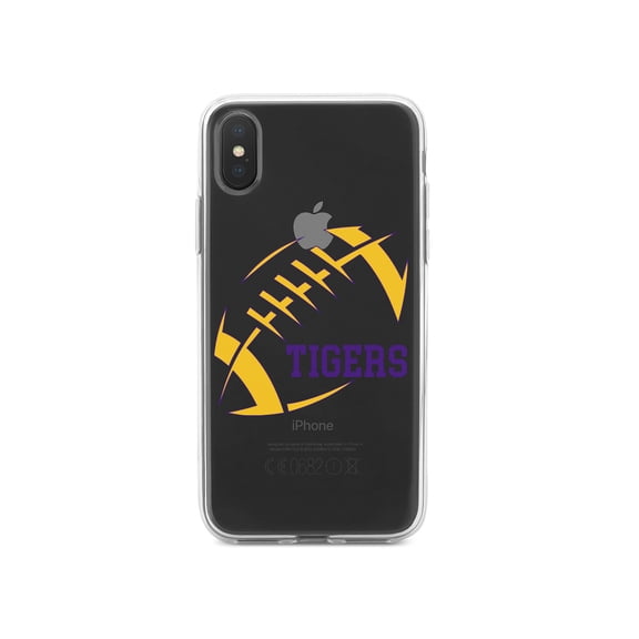 DistinctInk Clear Shockproof Hybrid Case for iPhone XR (6.1" Screen) - TPU Bumper, Acrylic Back, Tempered Glass Screen Protector - Tigers Football - Purple, Gold