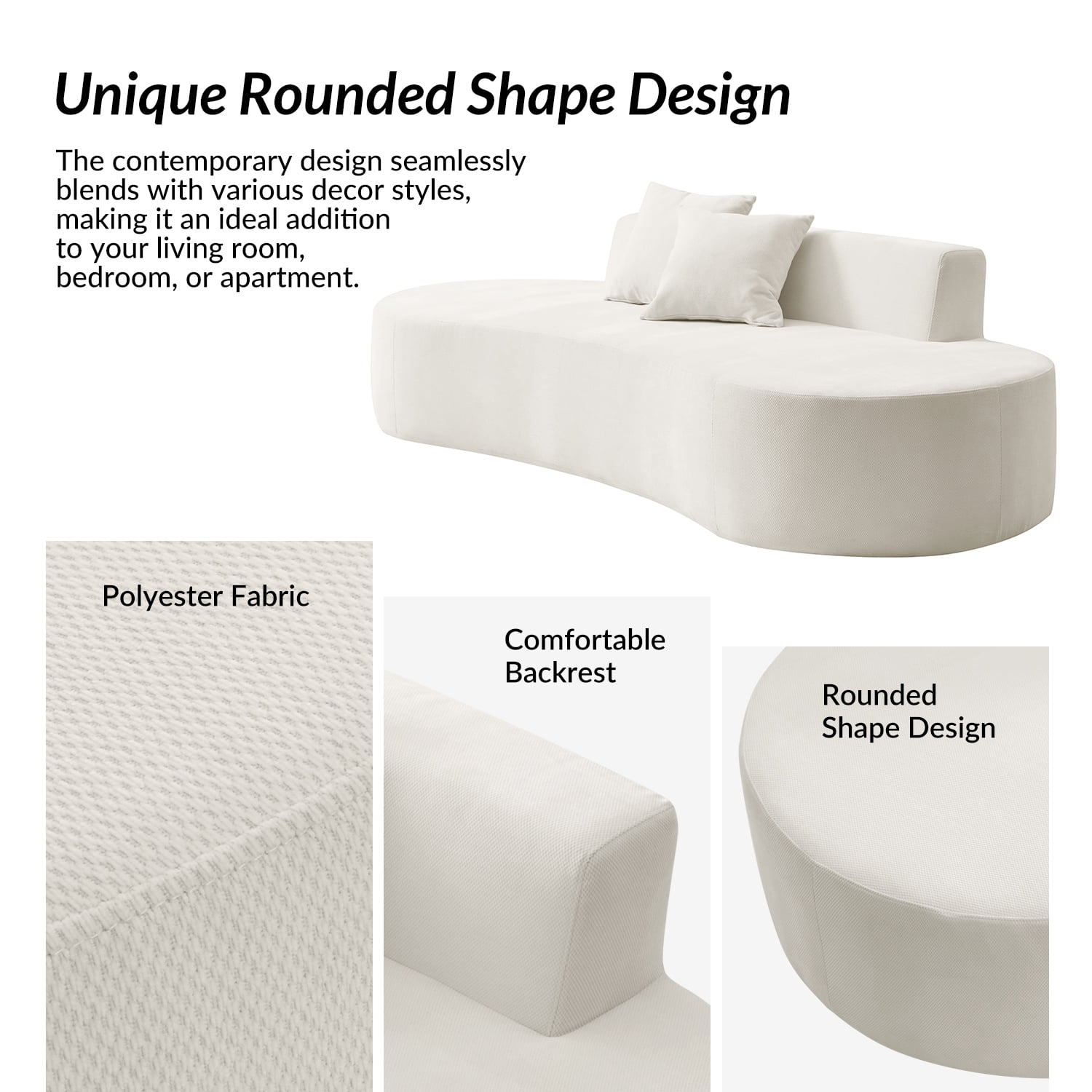 Tina's Home Modern Minimalist 3-Seater Cream Sofa for Adult Living Room Couch with Curved Design No Assembly Required
