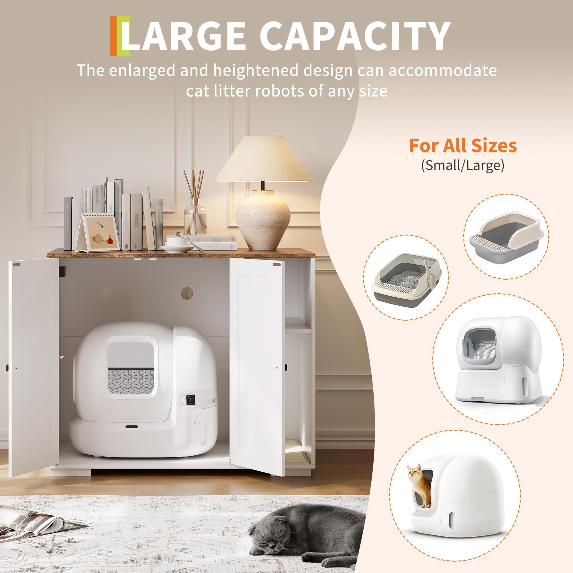 Dog-Proof Hidden Cat Litter Box Enclosure with Litter Collector, Large Indoor Cat House Cabinet, Self-Cleaning Litter Box Compatible Cat Furniture