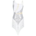 thumbnail image 5 of DPOIS Women Mesh Patchwork Sequins Fringe Bodysuit Jazz Leotard Costume White L, 5 of 7