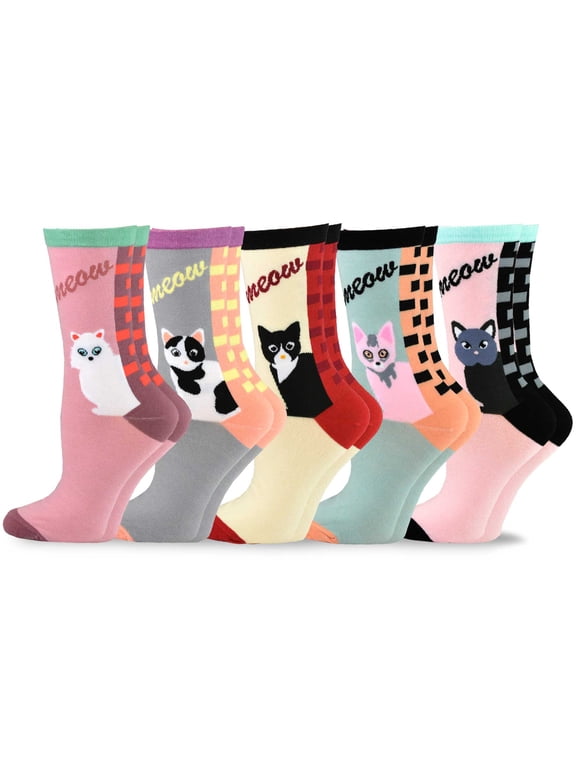 TeeHee Fun Novelty Cats Cotton Crew Women's Socks 9-11 5-Pairs Meow