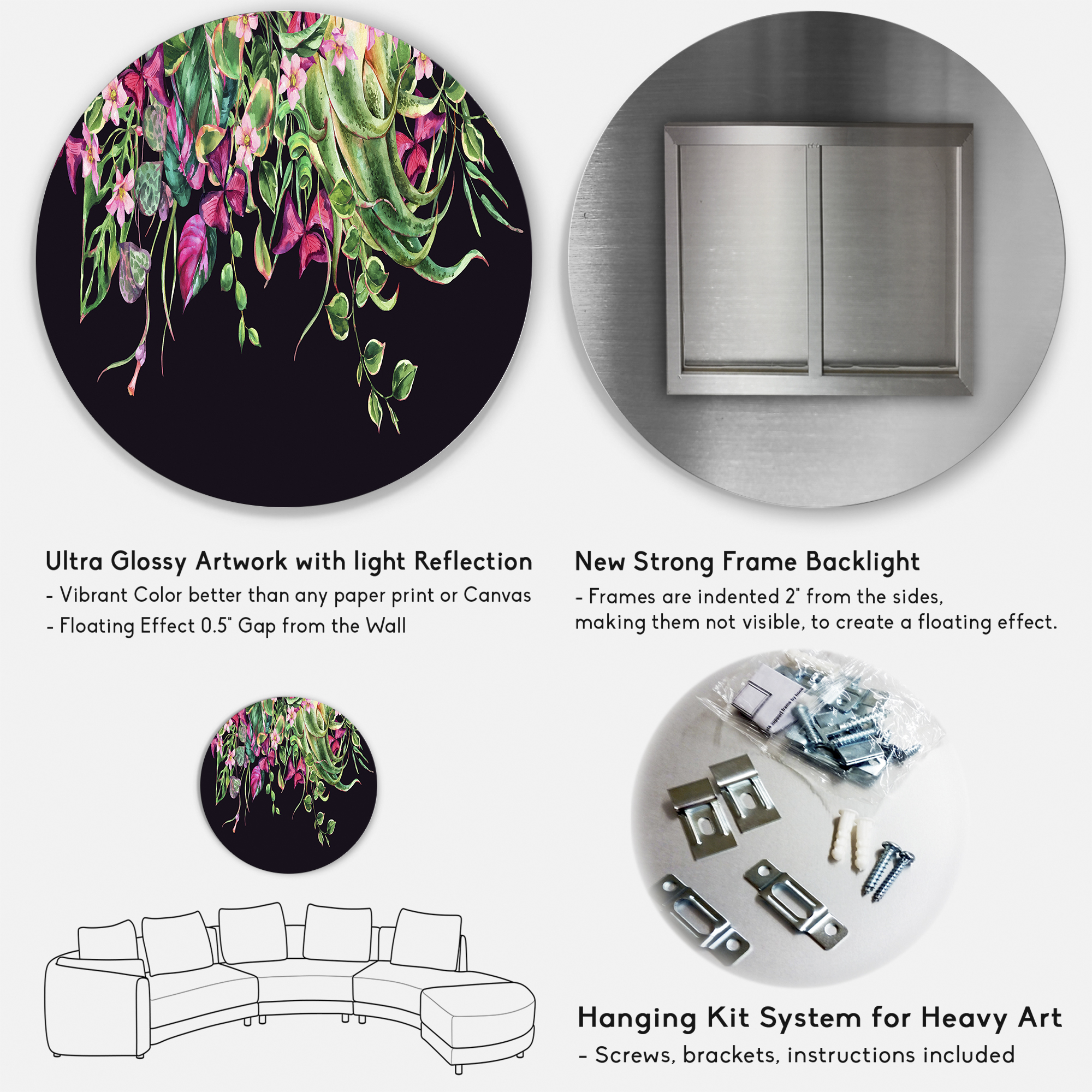 Designart 'Floral Tropical Leaves On Black Background' Farmhouse Circle Metal Wall Art 23x23 - Disc of 23