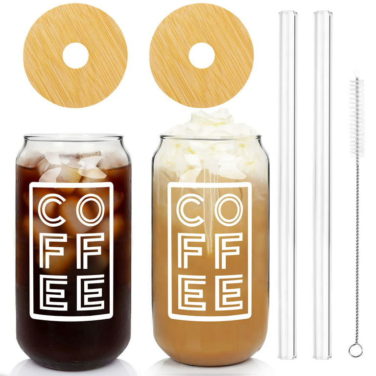 Iced Coffee Cup with Lids and Straw,Beer Can Glass with Bamboo Cover 20 Oz  Glass