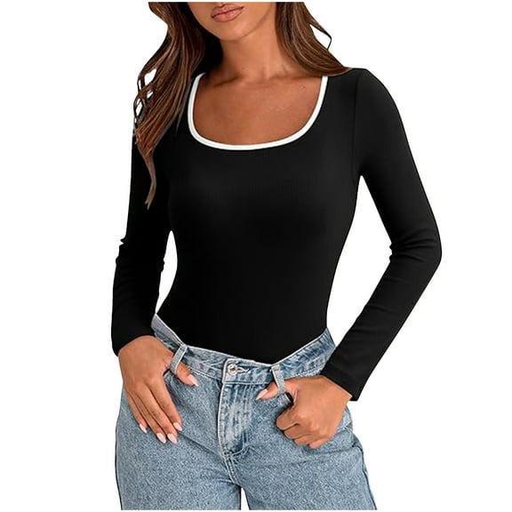 Womens Long Sleeve Stretch Crewneck Ribbed T-Shirt Fall Long Sleeve Y2K Tops for Women Basic Slim Fit Scoop Neck Shirt Comfy Stretch Undershirt Casual Going Out Clothes