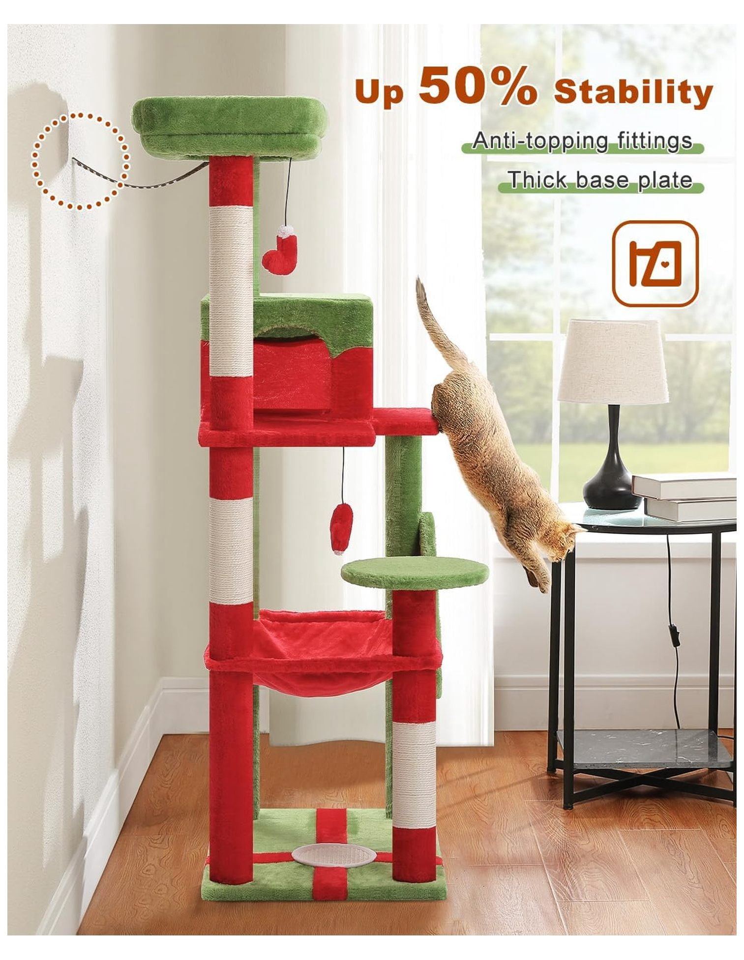 Cat Christmas Tree for Indoor Cats 56.3" - Holiday Cat Tree Tower with Hammock, Scratching Posts & Toys - Festive Red
