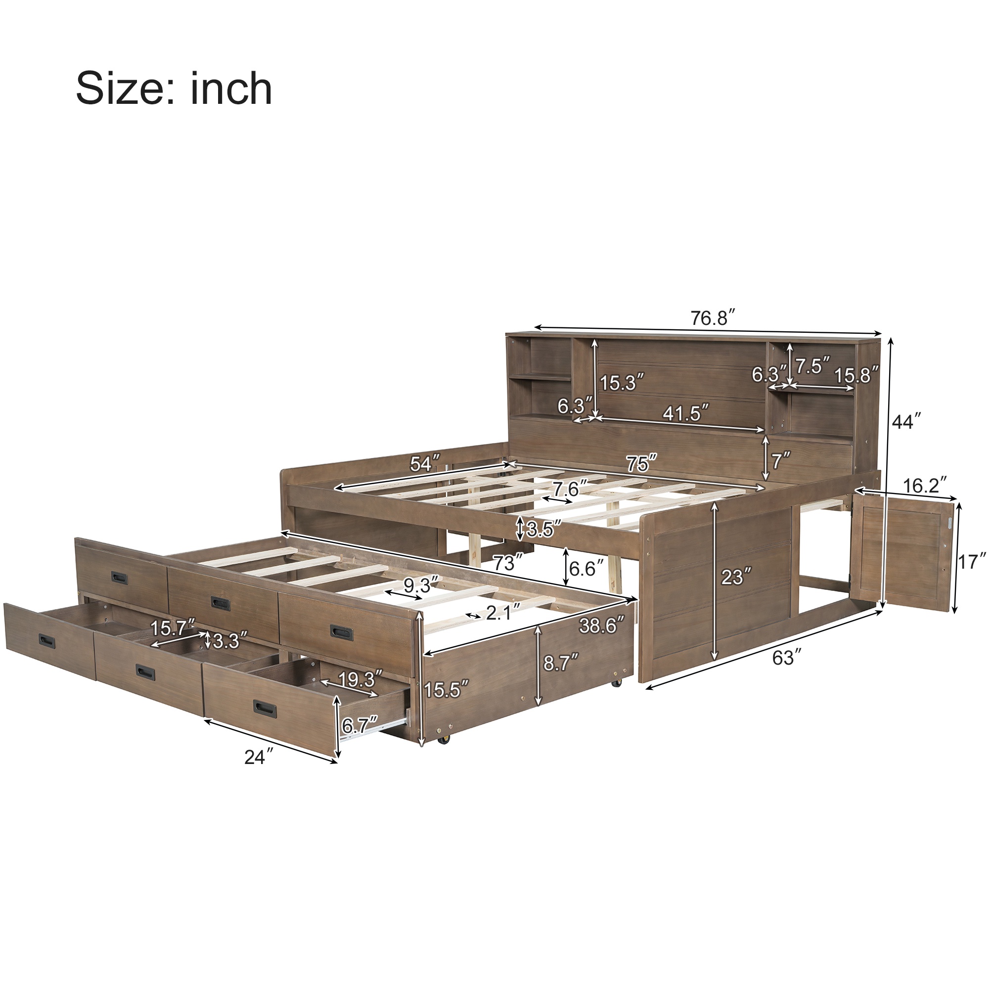 PORKISS Full Size Daybed, Wooden Captain Daybed with Storage Bookcase Headboard, Modern Captain’s Bed with Twin Size Trundle and Storage Drawers for Kids, Teens, No Box Spring Needed, Walnut