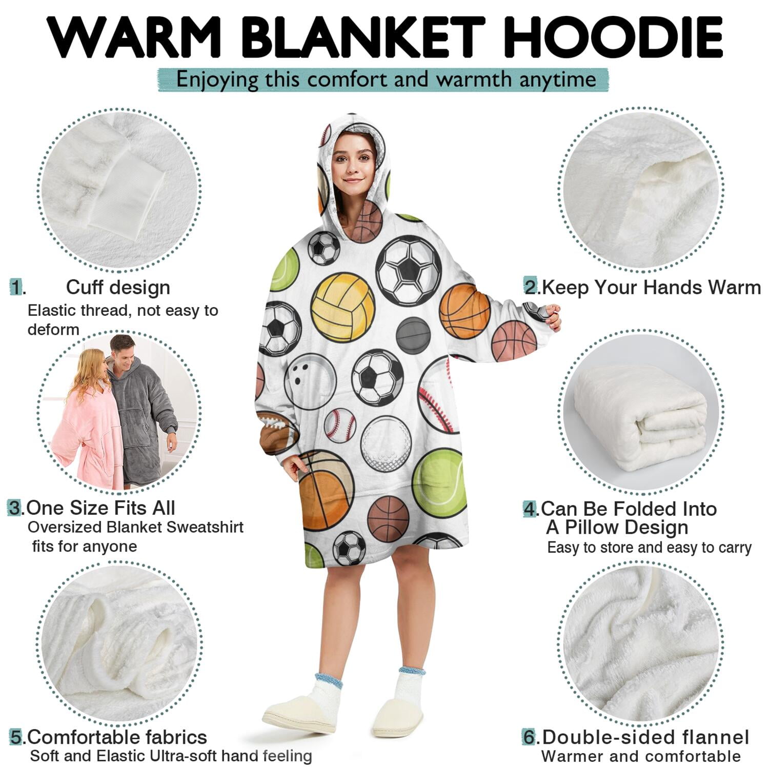 Baseball Football Pattern Wearable Oversized Blanket,Wearable Blanket Hoodie for Adults,Cozy Hooded Blankets with Super Pockets,Super Warm Fuzzy Pullover for Women & Men